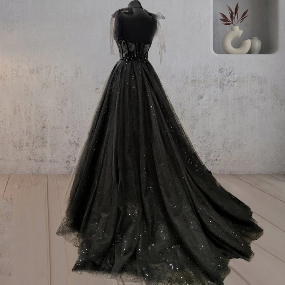 Glitter Lace Tulle Sweetheart Corset Court Black Wedding Dress