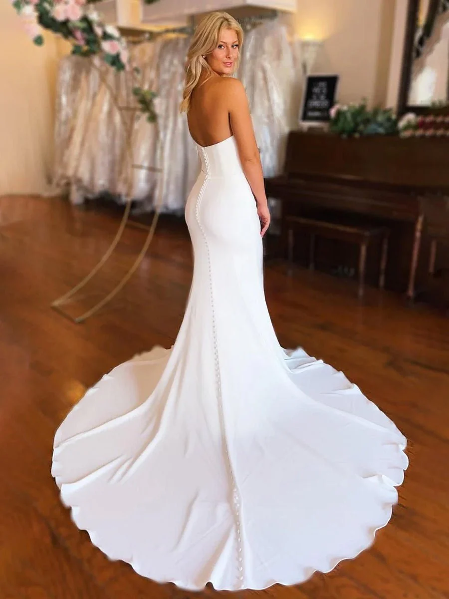 Simple White Boho Mermaid Satin Long Sleeveless Wedding Dress