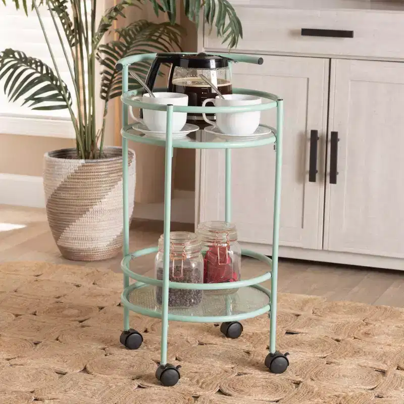 Newell Metal 2 Tier Kitchen Cart Mint Green/Black - Baxton Studio: Glass Shelves, Mobile, Mid-Century Design, 30 Day Warranty