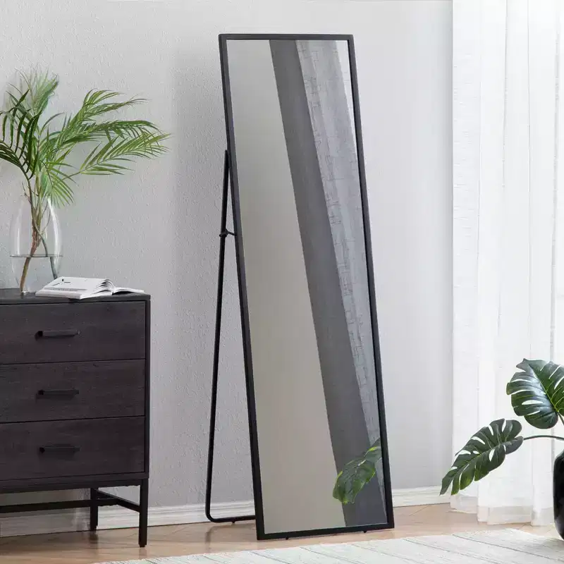 Brewster Carmen Black Rectangular Linear Mirror: Modern Floor Mirror, 60x18, Metal Frame, Freestanding