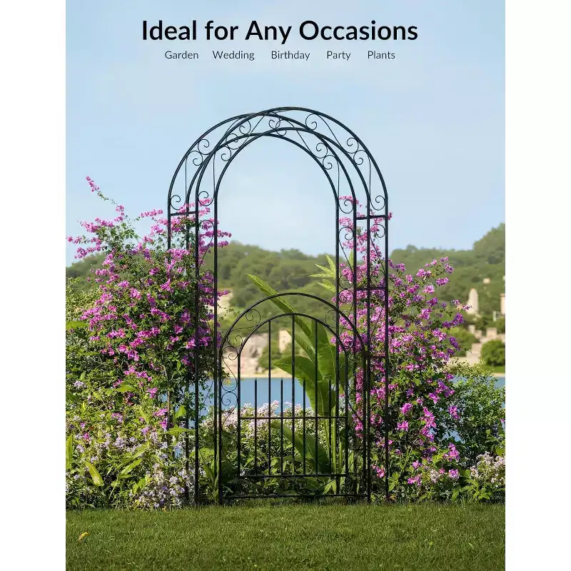 8 Feet Heavy Duty Black Metal Garden Arch with Gate - Trellis for Climbing Roses,Vines and Flowers - Outdoor Decorative Fence for Patio,Lawn and Yard