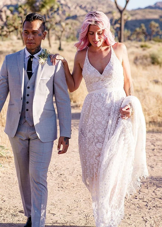 A Line Lace Wedding Dresses Nude Lining