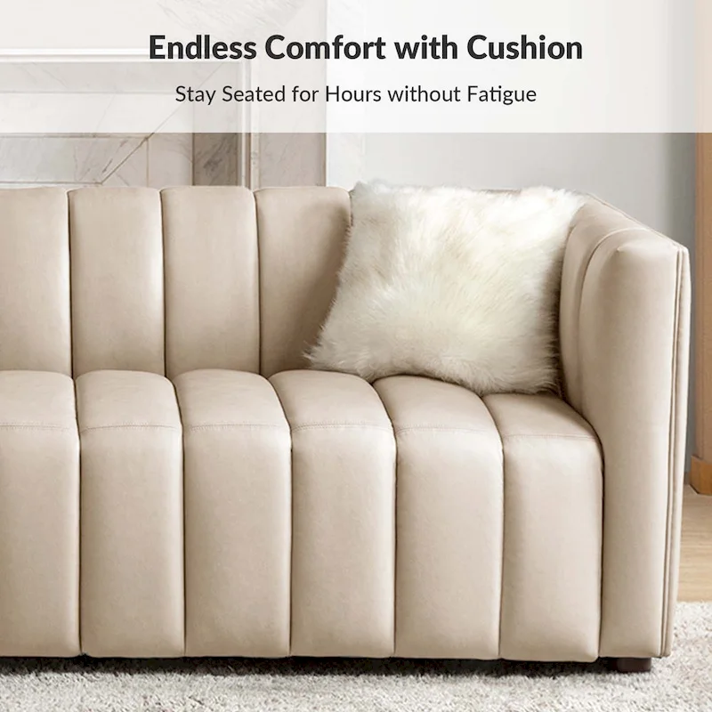 Modern Camel 83-Inch Genuine Leather Curved Couch with Channel Back