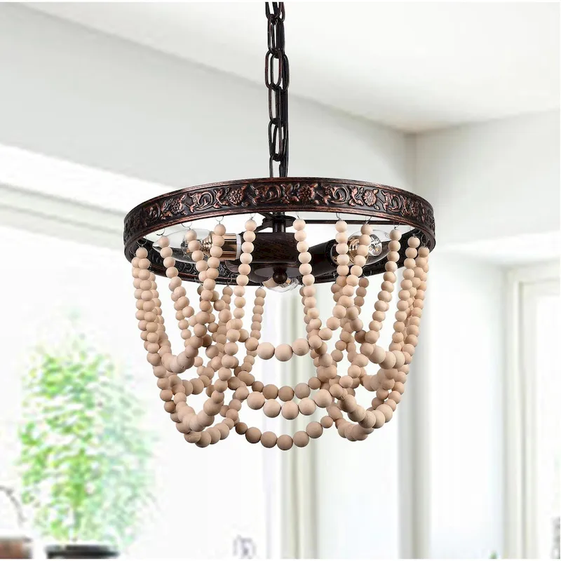 Vintage Farmhouse Red Bronze 3-Light Wood Bead Pendant
