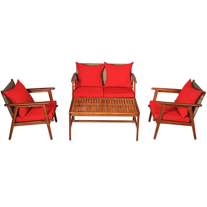 Costway 8PCS Patio Rattan Furniture Set Acacia Wood Frame Cushioned
