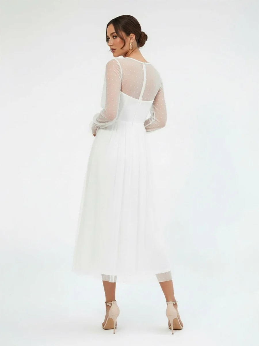 Elegant A-Line Long Sleeve Tea Length Wedding Dresses