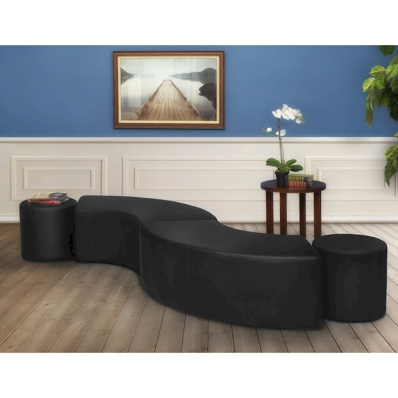 Semi-Circle Plush Ottoman, Black/Green/Teal/Grey/Blue, Set of 2