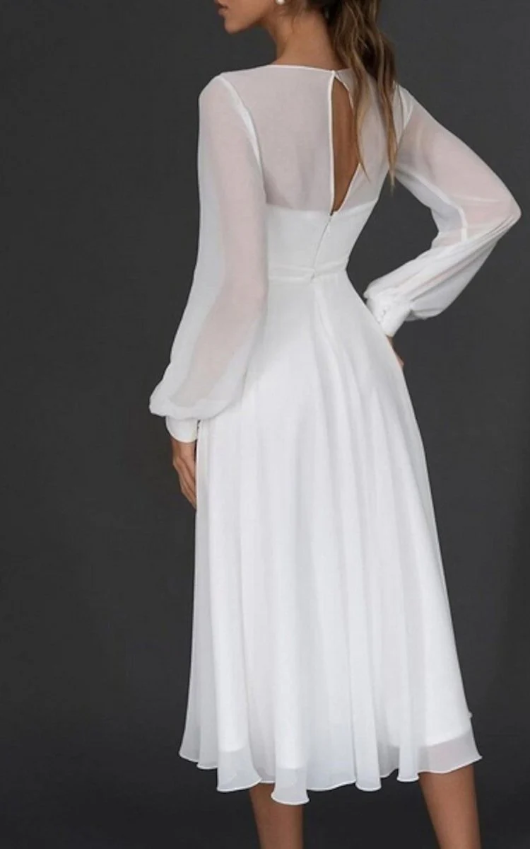 A-Line V-neck Chiffon Long Sleeves Zipper Wedding Dress