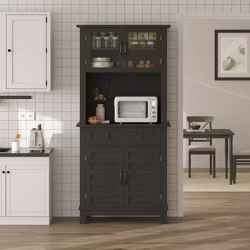 72 in Tall Kitchen Pantry Cabinet, Kitchen Hutch Bar Cabinet with Microwave Stand, Cupboard with Drawers Glass Doors for Dining Room