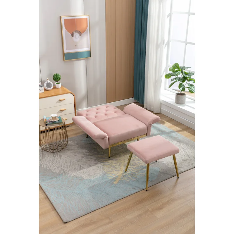 Velvet Tufted Convertible Armchair with Adjustable Backrest & Ottoman – Single