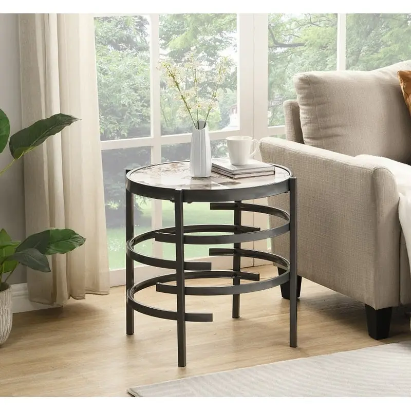 Round End Table with Sintered Stone Top and Metal Frame, 20.7 Inch