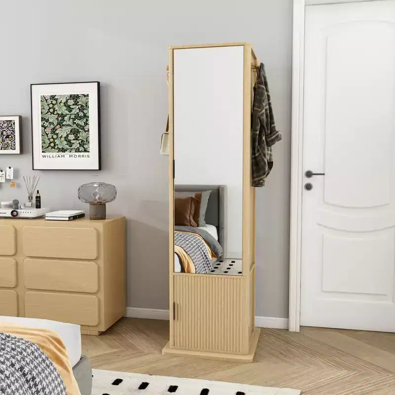 360 Rotating Coat Rack Freestanding Bookshelf Hall Tree Makeup Jewelry Cabinet Storage Cabinet with Full-length Mirror, Hooks, Open Shelf -ModernLuxe
