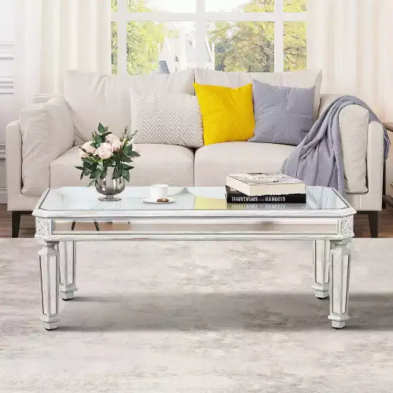 Silver Mirrored Rectangle Coffee Table – Pedestal Base, Vintage Carved, Glass Top
