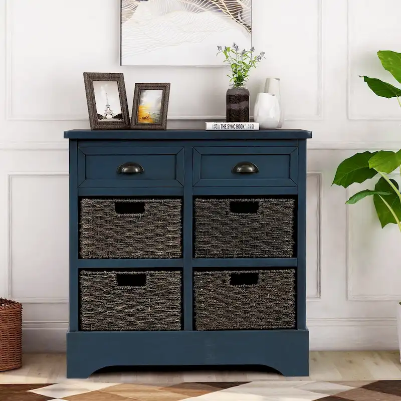 Rustic Storage Cabinet with Two Drawers and Four Classic Rattan Basket for Dining Room/Entryway/Living Room