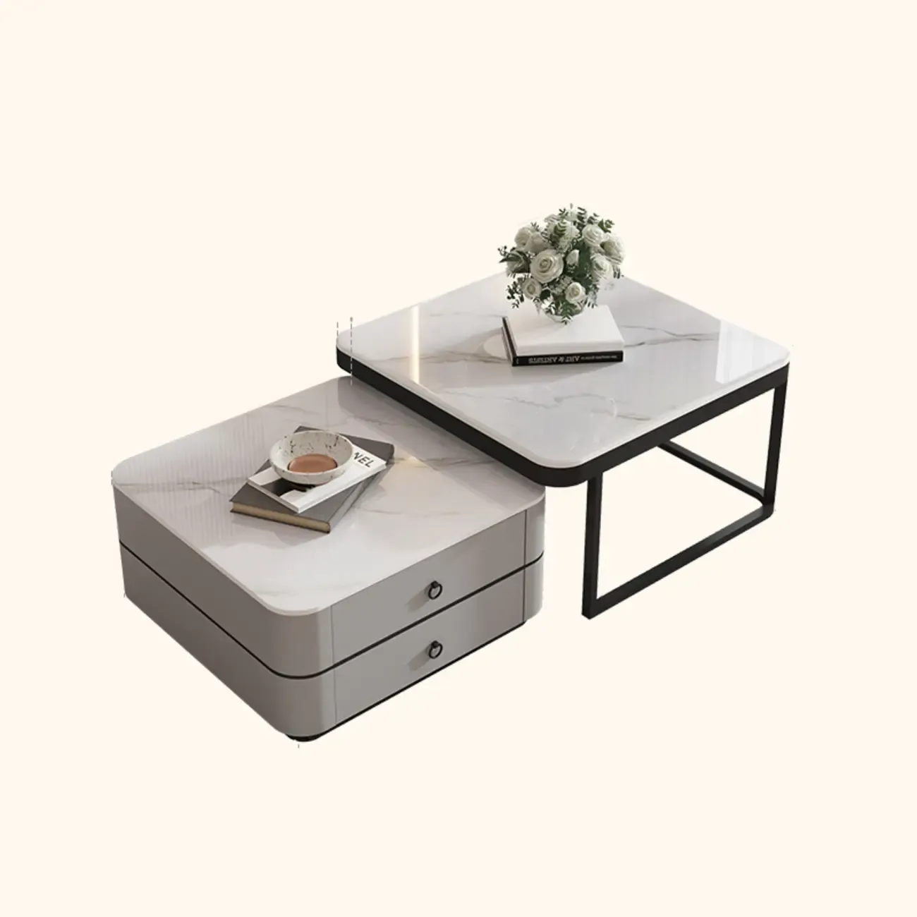 Modern Rectangular Marble Coffee Table Set with Drawers
