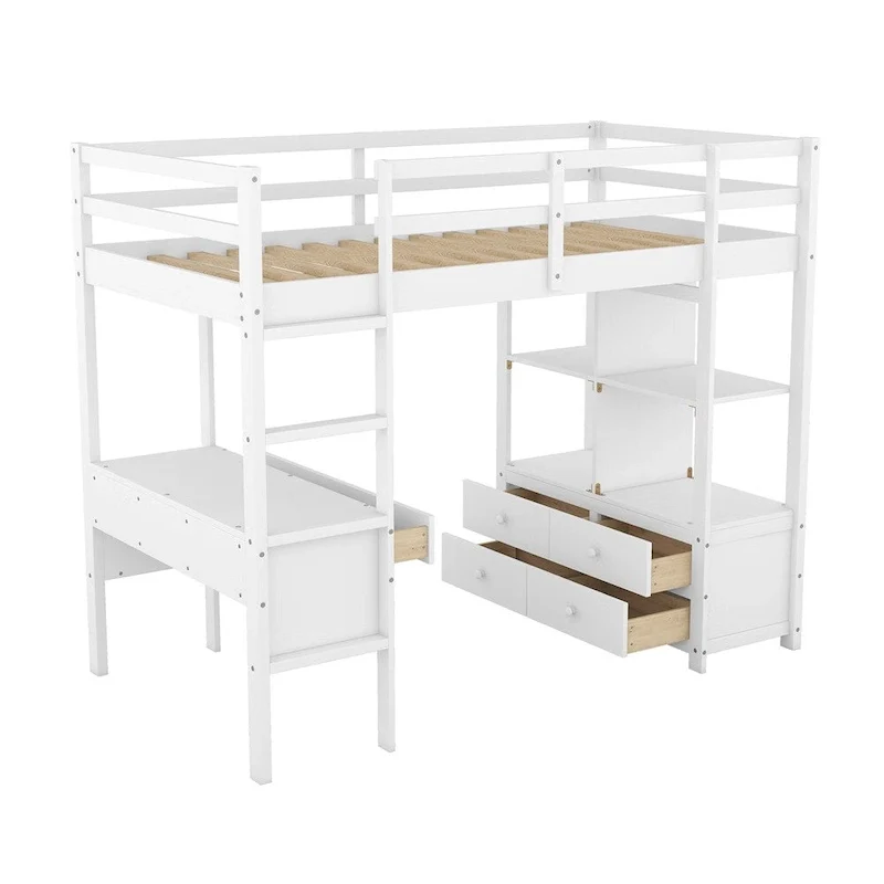 White/Grey Pine Wood Loft Bed with Desk, Drawers & Shelves – Full/Twin, 1-Person