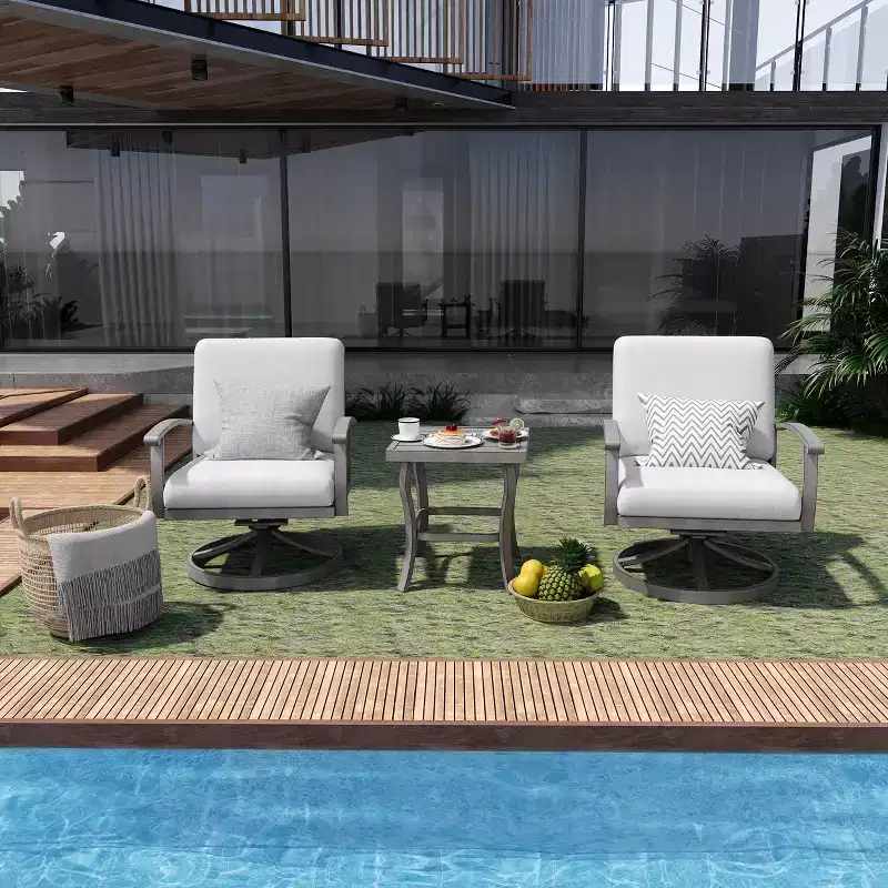 HAPPATIO Aluminum Outdoor Bistro Set, 3 Piece Swivel Patio Chairs with Cushions and Side Table, Patio Furniture Set for Backyard Porch (Gray)
