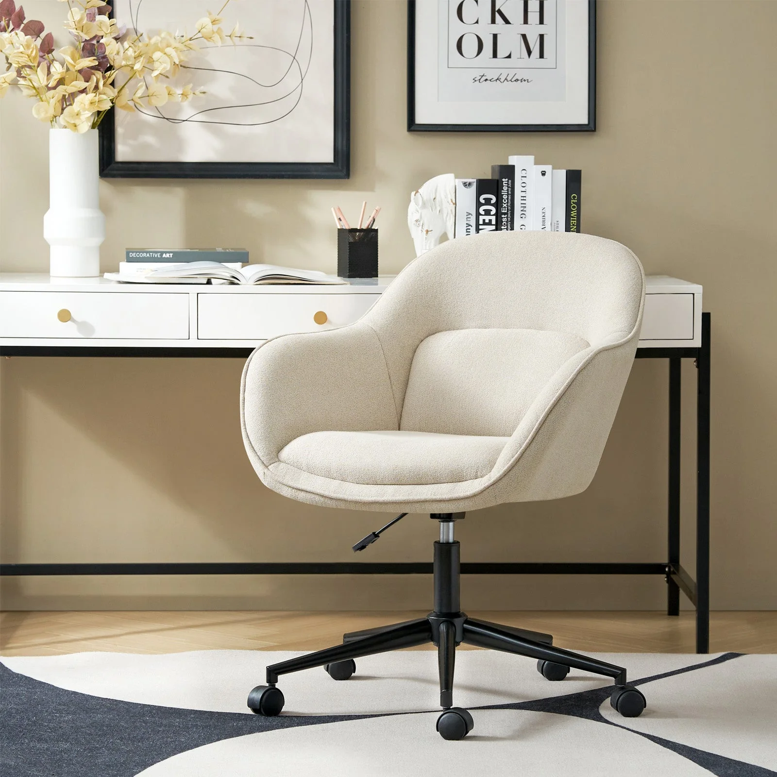 Polyester Swivel Office Chair with Curved Back, Adjustable Height, Armrests & Black Metal Base | Beige / Mustard / Grey | Single Seat