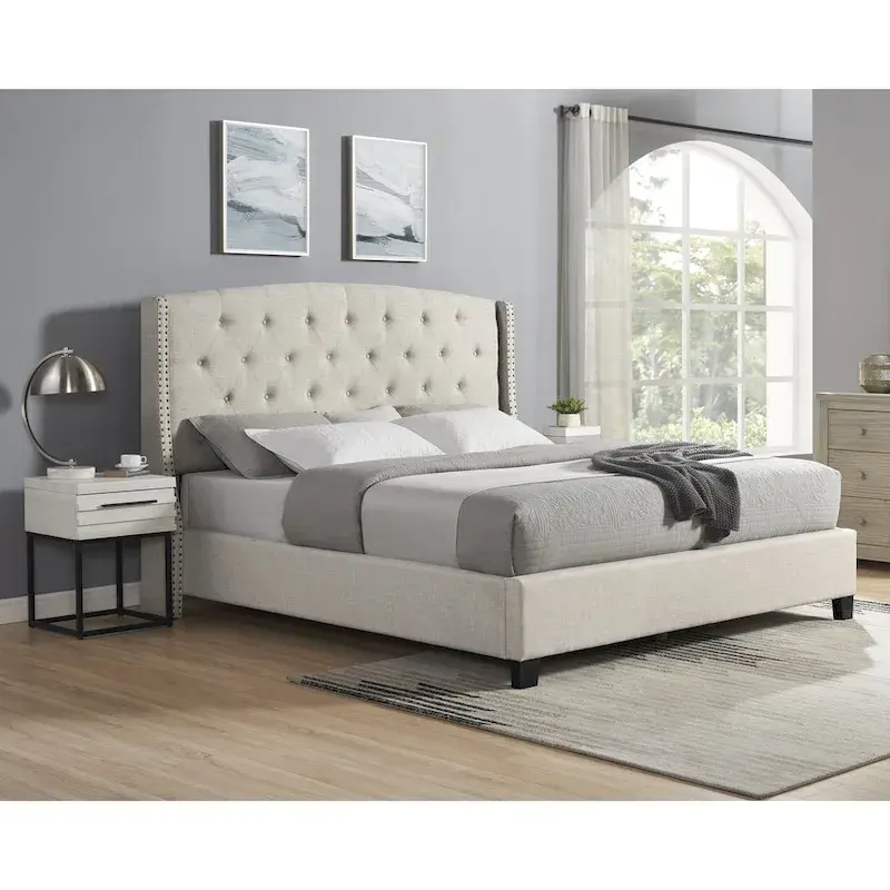 Roundhill Furniture Astral 3-Piece Upholstered Bedroom Set Tufted Wingback Bed with Two Nightstands