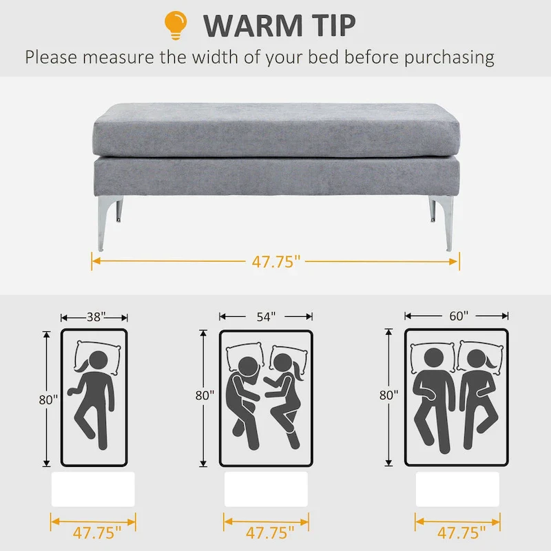 48 End of Bed Bench, Upholstered Entryway Bench with Double Layer Seat Cushions and Steel Legs, Bedroom Bench, Dark Gray