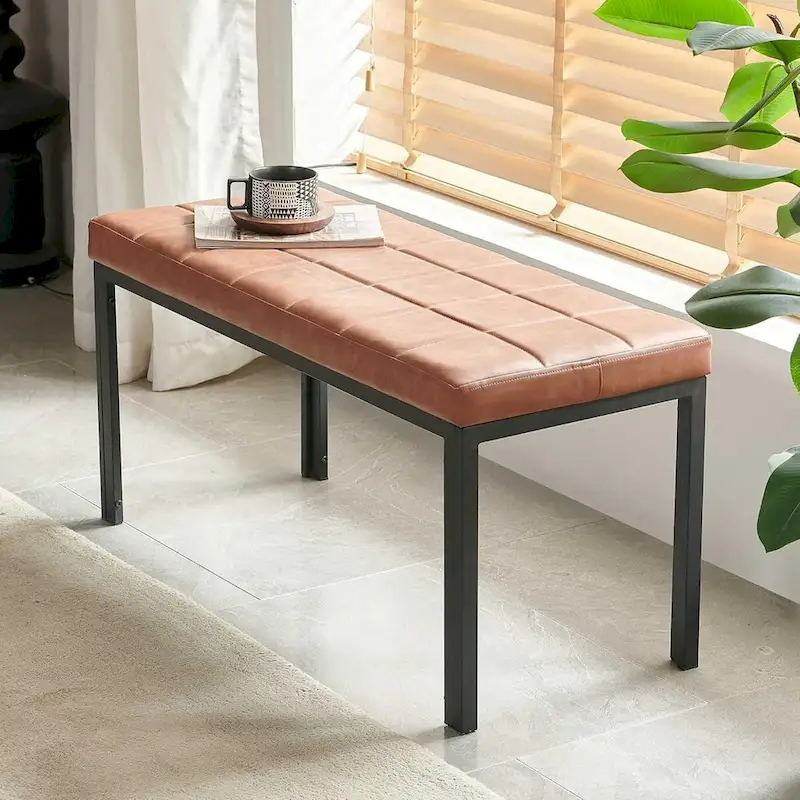 Brown Faux Leather Tufted Bench with Black Metal Legs — 1 or 2 Piece