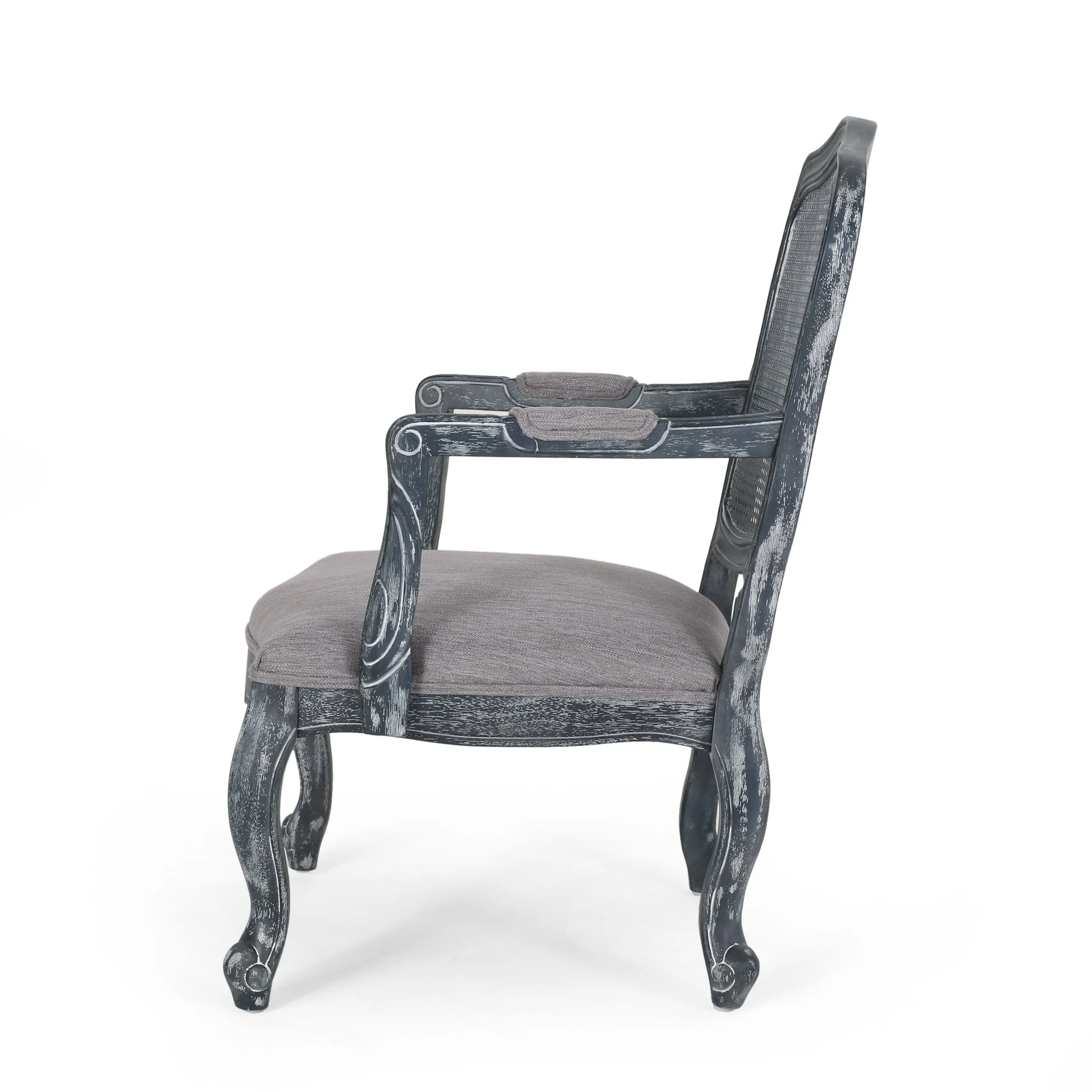 French Country Wood and Cane Upholstered Dining Armchair - NH542513