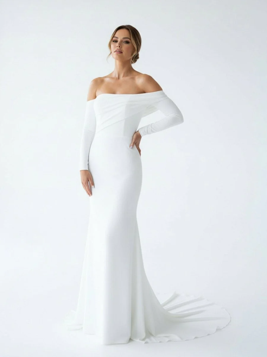 Simple White Boho Mermaid Long Wedding Dress with Sleeves
