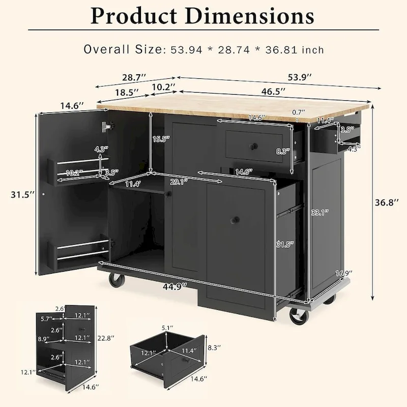 53.9 W Modern Versatile Kitchen Island with Drop Leaf and 3 Drawer Cabinets