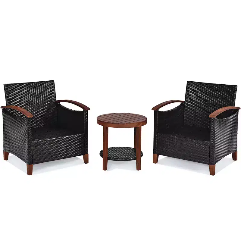Costway 3PCS Patio Rattan Furniture Set Wooden Frame Cushion Table Shelf Red\Beige\Blue