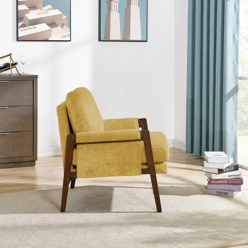 Yellow Velvet Armchair with Rubberwood Frame and Padded Feet