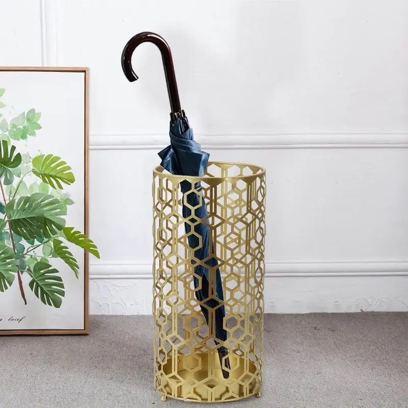 Metal Umbrella Stand with Removable Drip Tray & Open Weave Design – Gold / Black, Single