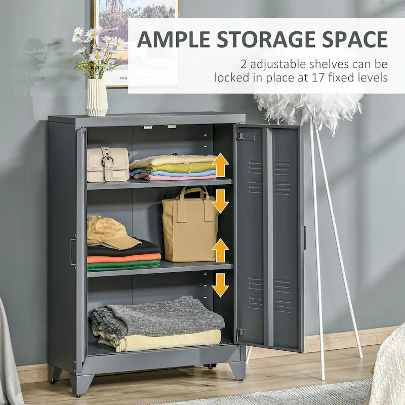 Grey Industrial Steel 2-Door Storage Cabinet with Adjustable Shelves & Louvered Doors – Single Unit