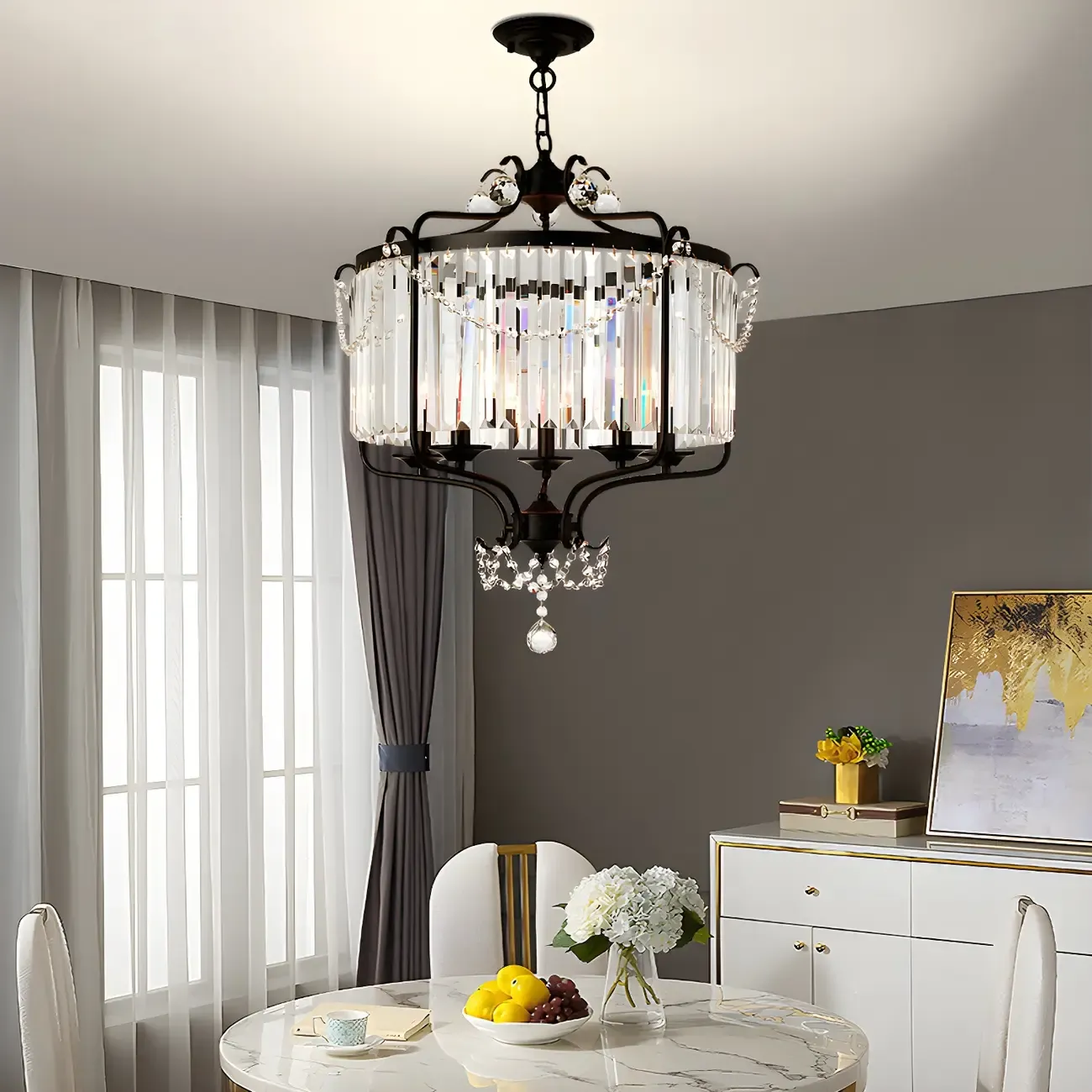 Modern Black Round Cylinder Metal Cage Crystal Chandelier