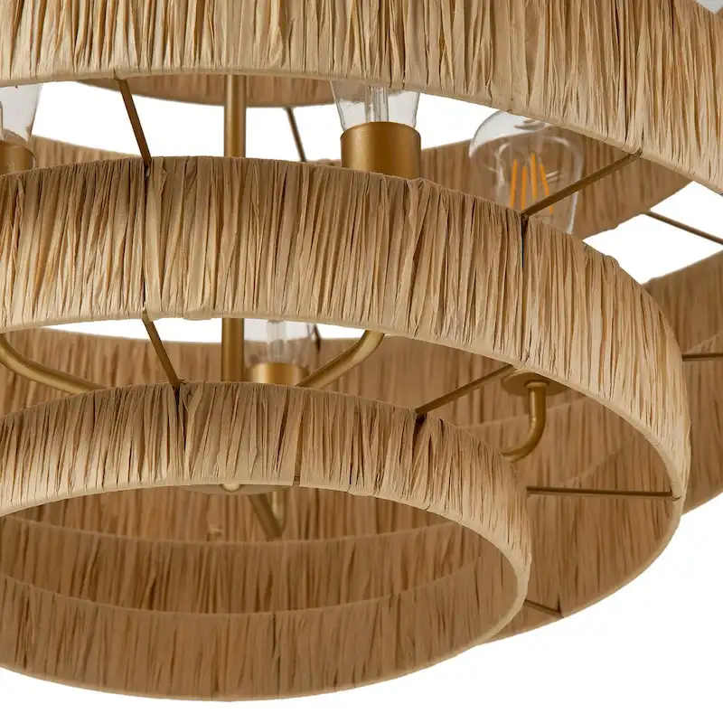 Farmhouse Gold Multi Tiers 5-Light Kitchen Island Pendant Light with Paper Woven Shade