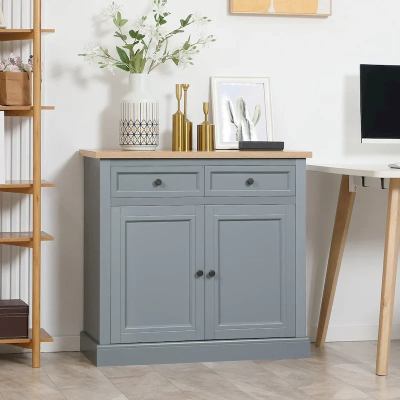 Sideboard Buffet Cabinet with 2 Drawers and Double Door Cupboard – Grey / White / Black