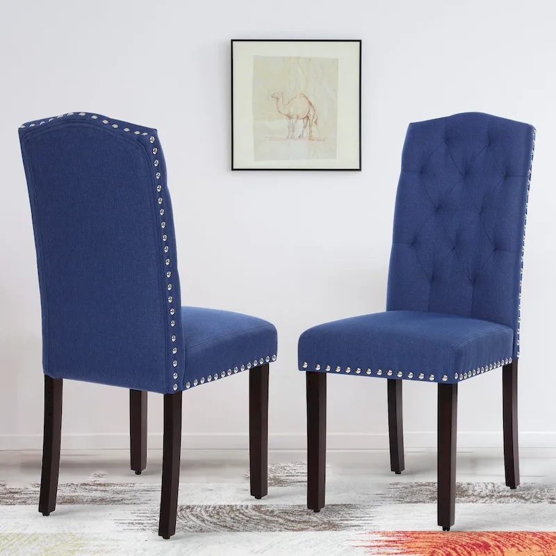 Solid Wood Tufted Dining Chairs, Kitchen Dining Room Chairs with Bronze Nailhead Trim Set of 2