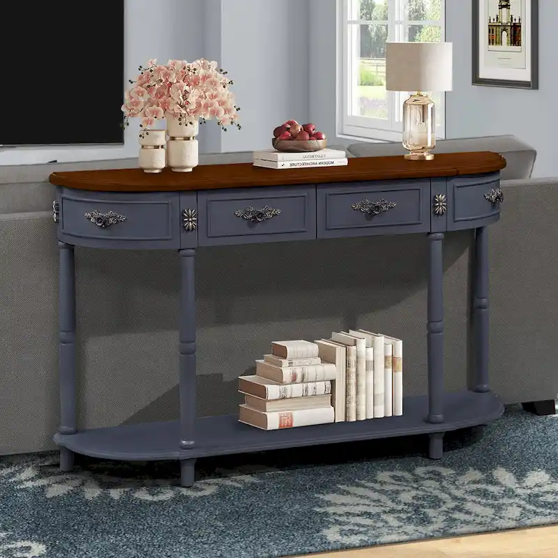 52 inch Circular Half Moon Sofa Table with Open Shelf and 2 Drawers