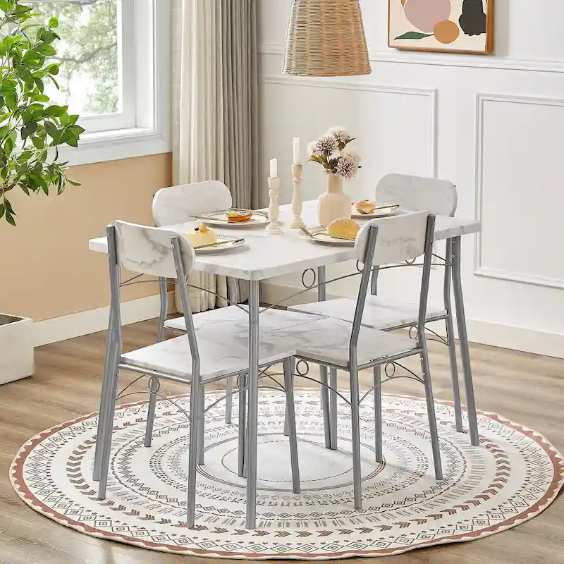 VECELO Dining Table Set, Kitchen Table with 2/4 Chairs, Metal and Wood Rectangular 3/5-Piece Dining Set