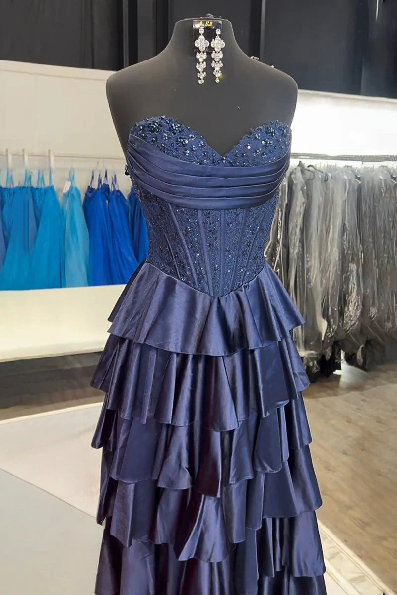 Navy Blue Sweetheart A Line Satin Appliqued Prom Dresses With Ruffles