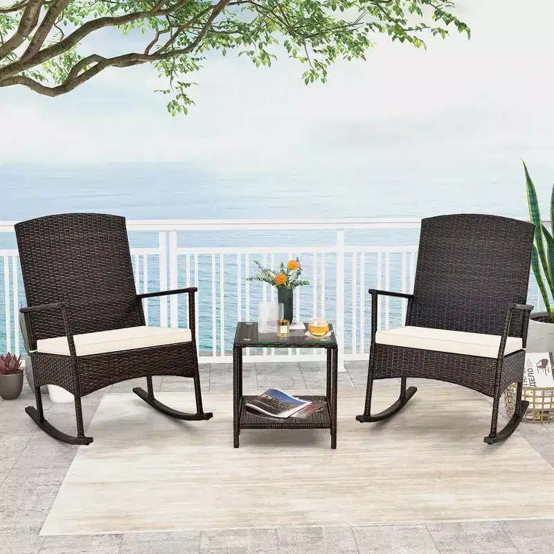 Costway 3 Piece Patio Rocking Set Wicker Rocking Chairs with 2-Tier Coffee Table Turquoise/Off White/Black