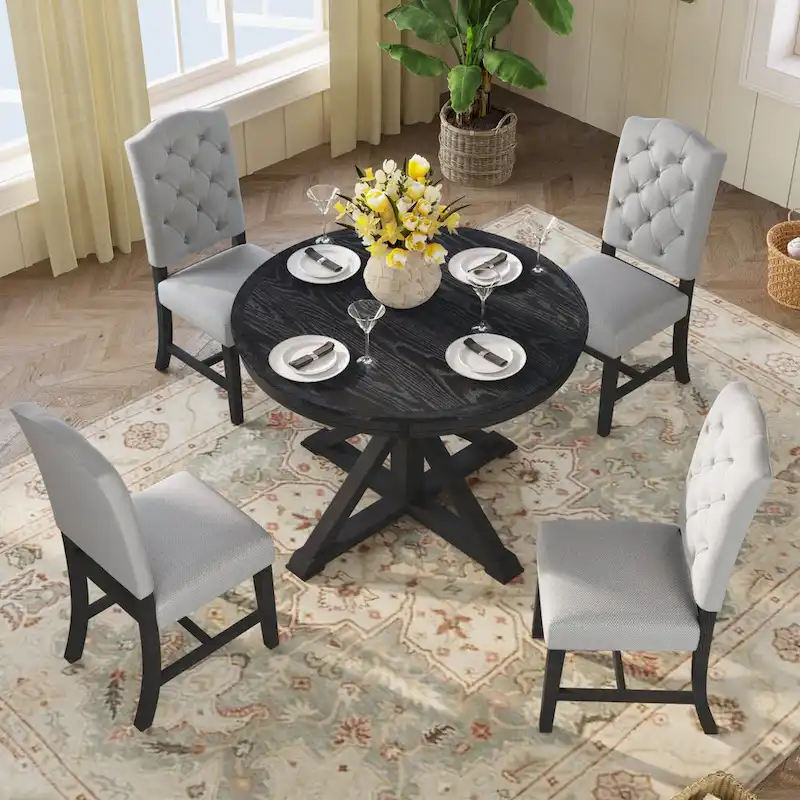 Dining Table Set with Extendable Table and 4 Upholstered Chairs