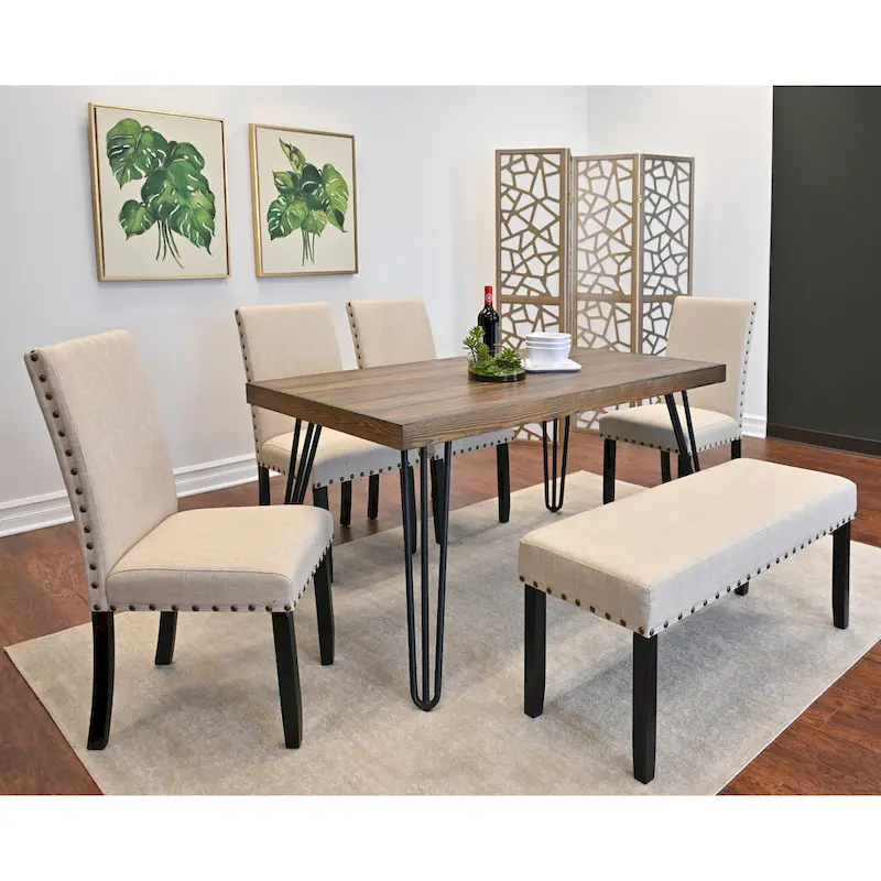Industrial Style 6-Piece Dining Set with Rectangular Table, 4 Linen Upholstered Chairs and Bench
