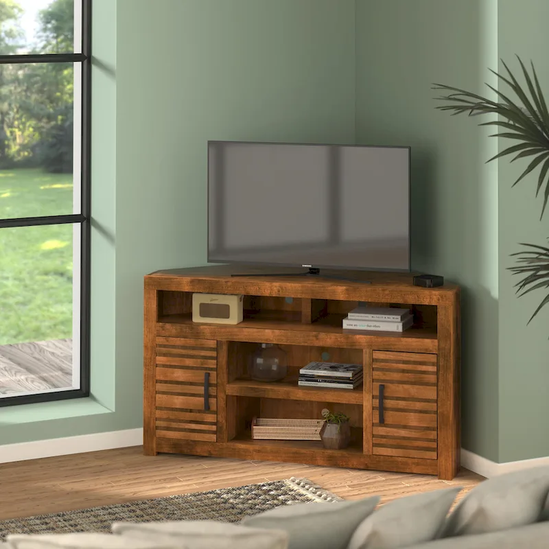 52 inch Corner TV Stand Console for TVs up to 55 inches, No Assembly Required, Whiskey Finish