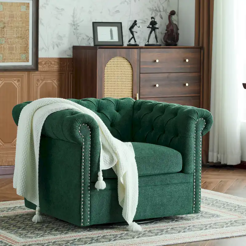 Swivel Button-Tufted Club Chair – Dark Green / Cognac, Chesterfield Style, Single Seat
