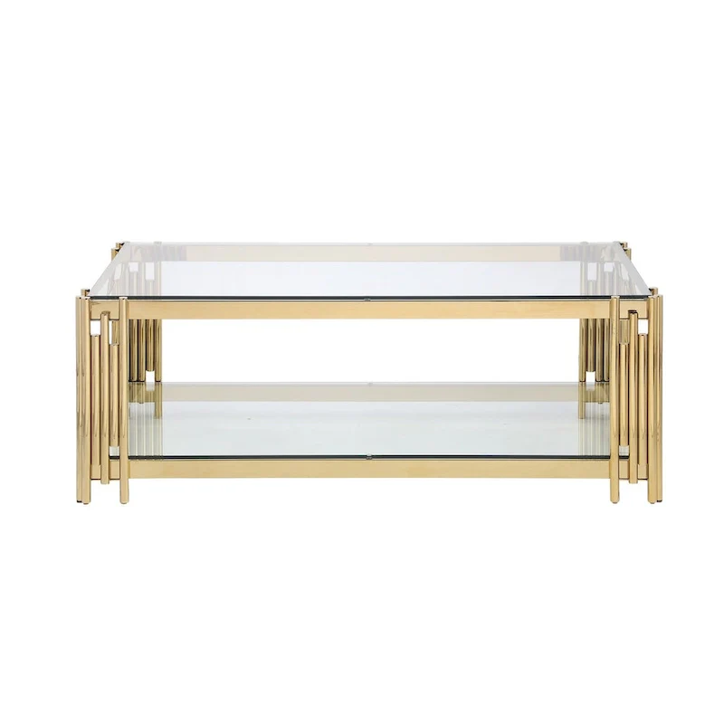 48  Wide Rectangular Coffee Table with Glass Top, Stainless Steel Double-Layer Coffee Table