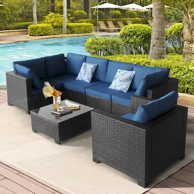 7 Pieces Patio Furniture Sets with Blue Cushions and Coffee Table