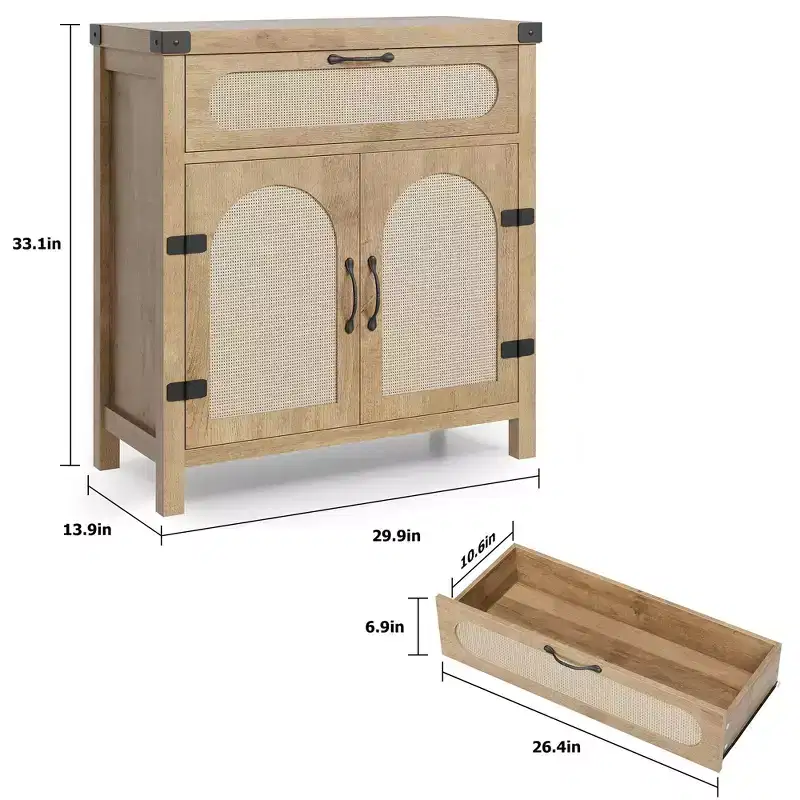 2 pack Buffet Cabinet, Sideboard with Storage - Rattan Accent Doors & Drawer, Adjustable Shelf for Living Room, Dining Room, Natural