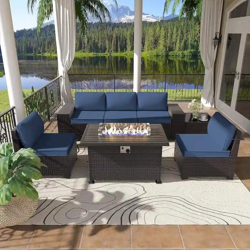 Delnavik 7 Pieces Rattan Outdoor Patio Furniture Sofa Set with Firepit - 7 pcs