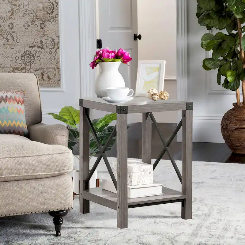 Grey/Brown 2-Tier End Table with Storage Shelf, Metal Frame & Wood Top