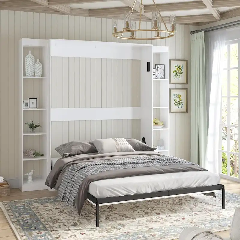 Mixoy Murphy Bed,Folding Wall Bed with 2 Side Cabinet Shelves